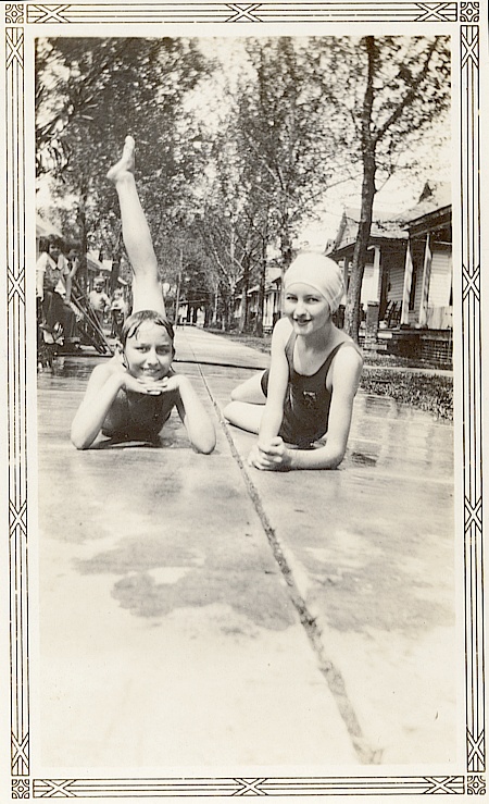 Bathing Beauties (Barbara & Joan Thomas) on Sidewalk at DancyT/Redell